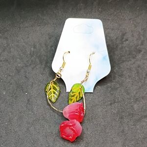 Handcrafted Red Rose Drop Earrings with Green Leaf Accents